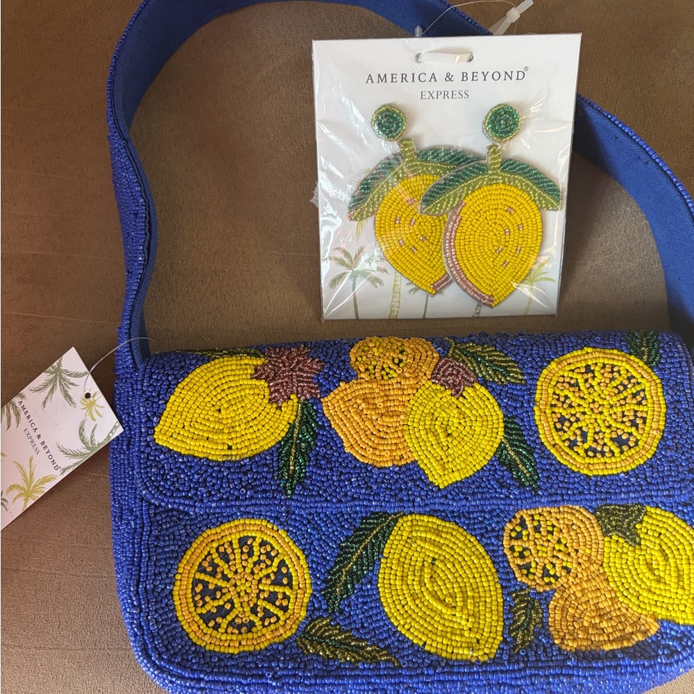 Blue Beaded Lemon Bag American and Beyond WITH EARRINGS!